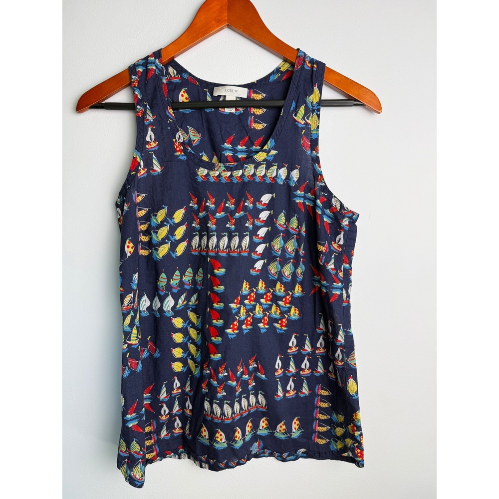 J.CREW Sleeveless Sailboat Print Tank Top Women Navy Blue Nautical Size 0